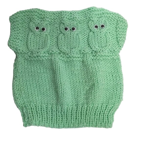VTG 1950s Handmade Baby Sweater Mint Green Knit Owls Button Eyes Cotton 3-6M VBC - Picture 1 of 4
